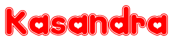 The image is a red and white graphic with the word Kasandra written in a decorative script. Each letter in  is contained within its own outlined bubble-like shape. Inside each letter, there is a white heart symbol.