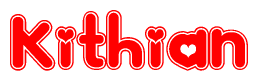 The image is a red and white graphic with the word Kithian written in a decorative script. Each letter in  is contained within its own outlined bubble-like shape. Inside each letter, there is a white heart symbol.