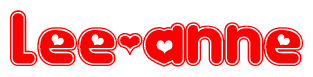 The image is a red and white graphic with the word Lee-anne written in a decorative script. Each letter in  is contained within its own outlined bubble-like shape. Inside each letter, there is a white heart symbol.