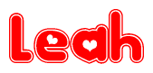 The image is a red and white graphic with the word Leah written in a decorative script. Each letter in  is contained within its own outlined bubble-like shape. Inside each letter, there is a white heart symbol.