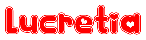 The image is a red and white graphic with the word Lucretia written in a decorative script. Each letter in  is contained within its own outlined bubble-like shape. Inside each letter, there is a white heart symbol.