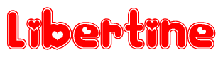 The image is a clipart featuring the word Libertine written in a stylized font with a heart shape replacing inserted into the center of each letter. The color scheme of the text and hearts is red with a light outline.