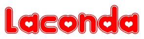The image displays the word Laconda written in a stylized red font with hearts inside the letters.