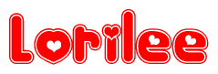The image is a clipart featuring the word Lorilee written in a stylized font with a heart shape replacing inserted into the center of each letter. The color scheme of the text and hearts is red with a light outline.