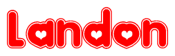 The image is a red and white graphic with the word Landon written in a decorative script. Each letter in  is contained within its own outlined bubble-like shape. Inside each letter, there is a white heart symbol.