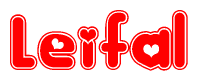 The image is a clipart featuring the word Leifal written in a stylized font with a heart shape replacing inserted into the center of each letter. The color scheme of the text and hearts is red with a light outline.