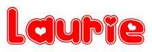 The image is a red and white graphic with the word Laurie written in a decorative script. Each letter in  is contained within its own outlined bubble-like shape. Inside each letter, there is a white heart symbol.