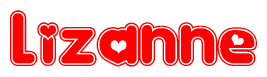 The image is a clipart featuring the word Lizanne written in a stylized font with a heart shape replacing inserted into the center of each letter. The color scheme of the text and hearts is red with a light outline.