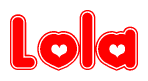 The image is a red and white graphic with the word Lola written in a decorative script. Each letter in  is contained within its own outlined bubble-like shape. Inside each letter, there is a white heart symbol.