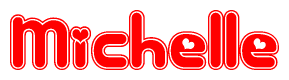 The image is a red and white graphic with the word Michelle written in a decorative script. Each letter in  is contained within its own outlined bubble-like shape. Inside each letter, there is a white heart symbol.