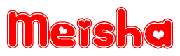 The image is a red and white graphic with the word Meisha written in a decorative script. Each letter in  is contained within its own outlined bubble-like shape. Inside each letter, there is a white heart symbol.