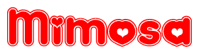 The image displays the word Mimosa written in a stylized red font with hearts inside the letters.