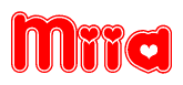 The image is a red and white graphic with the word Miia written in a decorative script. Each letter in  is contained within its own outlined bubble-like shape. Inside each letter, there is a white heart symbol.