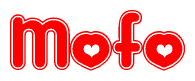 The image is a red and white graphic with the word Mofo written in a decorative script. Each letter in  is contained within its own outlined bubble-like shape. Inside each letter, there is a white heart symbol.