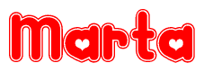 The image is a red and white graphic with the word Marta written in a decorative script. Each letter in  is contained within its own outlined bubble-like shape. Inside each letter, there is a white heart symbol.