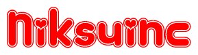 The image is a red and white graphic with the word Niksuinc written in a decorative script. Each letter in  is contained within its own outlined bubble-like shape. Inside each letter, there is a white heart symbol.