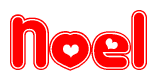 The image is a red and white graphic with the word Noel written in a decorative script. Each letter in  is contained within its own outlined bubble-like shape. Inside each letter, there is a white heart symbol.