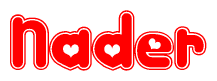 The image is a clipart featuring the word Nader written in a stylized font with a heart shape replacing inserted into the center of each letter. The color scheme of the text and hearts is red with a light outline.