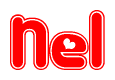The image is a red and white graphic with the word Nel written in a decorative script. Each letter in  is contained within its own outlined bubble-like shape. Inside each letter, there is a white heart symbol.