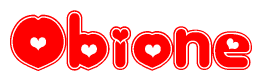The image is a clipart featuring the word Obione written in a stylized font with a heart shape replacing inserted into the center of each letter. The color scheme of the text and hearts is red with a light outline.