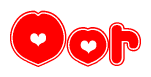 The image is a red and white graphic with the word Oor written in a decorative script. Each letter in  is contained within its own outlined bubble-like shape. Inside each letter, there is a white heart symbol.
