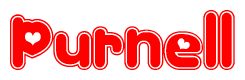 The image is a red and white graphic with the word Purnell written in a decorative script. Each letter in  is contained within its own outlined bubble-like shape. Inside each letter, there is a white heart symbol.