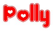 The image displays the word Polly written in a stylized red font with hearts inside the letters.