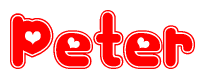 The image is a clipart featuring the word Peter written in a stylized font with a heart shape replacing inserted into the center of each letter. The color scheme of the text and hearts is red with a light outline.