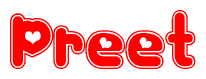 The image is a clipart featuring the word Preet written in a stylized font with a heart shape replacing inserted into the center of each letter. The color scheme of the text and hearts is red with a light outline.