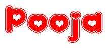 The image is a clipart featuring the word Pooja written in a stylized font with a heart shape replacing inserted into the center of each letter. The color scheme of the text and hearts is red with a light outline.