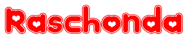 The image is a clipart featuring the word Raschonda written in a stylized font with a heart shape replacing inserted into the center of each letter. The color scheme of the text and hearts is red with a light outline.