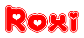 The image is a clipart featuring the word Roxi written in a stylized font with a heart shape replacing inserted into the center of each letter. The color scheme of the text and hearts is red with a light outline.