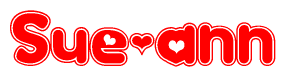 The image is a clipart featuring the word Sue-ann written in a stylized font with a heart shape replacing inserted into the center of each letter. The color scheme of the text and hearts is red with a light outline.