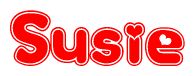 The image is a clipart featuring the word Susie written in a stylized font with a heart shape replacing inserted into the center of each letter. The color scheme of the text and hearts is red with a light outline.