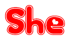 The image displays the word She written in a stylized red font with hearts inside the letters.