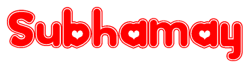 The image is a red and white graphic with the word Subhamay written in a decorative script. Each letter in  is contained within its own outlined bubble-like shape. Inside each letter, there is a white heart symbol.