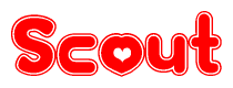 The image is a clipart featuring the word Scout written in a stylized font with a heart shape replacing inserted into the center of each letter. The color scheme of the text and hearts is red with a light outline.