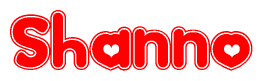 The image is a red and white graphic with the word Shanno written in a decorative script. Each letter in  is contained within its own outlined bubble-like shape. Inside each letter, there is a white heart symbol.