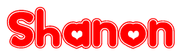The image is a red and white graphic with the word Shanon written in a decorative script. Each letter in  is contained within its own outlined bubble-like shape. Inside each letter, there is a white heart symbol.