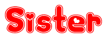 The image is a red and white graphic with the word Sister written in a decorative script. Each letter in  is contained within its own outlined bubble-like shape. Inside each letter, there is a white heart symbol.