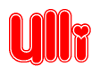 The image is a red and white graphic with the word Ulli written in a decorative script. Each letter in  is contained within its own outlined bubble-like shape. Inside each letter, there is a white heart symbol.