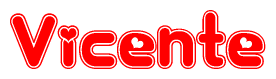 The image is a red and white graphic with the word Vicente written in a decorative script. Each letter in  is contained within its own outlined bubble-like shape. Inside each letter, there is a white heart symbol.