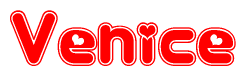 The image displays the word Venice written in a stylized red font with hearts inside the letters.