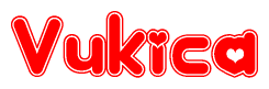 The image is a red and white graphic with the word Vukica written in a decorative script. Each letter in  is contained within its own outlined bubble-like shape. Inside each letter, there is a white heart symbol.