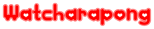 The image displays the word Watcharapong written in a stylized red font with hearts inside the letters.