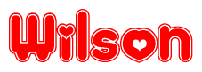 The image is a red and white graphic with the word Wilson written in a decorative script. Each letter in  is contained within its own outlined bubble-like shape. Inside each letter, there is a white heart symbol.