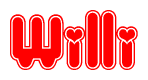 The image is a clipart featuring the word Willi written in a stylized font with a heart shape replacing inserted into the center of each letter. The color scheme of the text and hearts is red with a light outline.