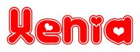 The image displays the word Xenia written in a stylized red font with hearts inside the letters.