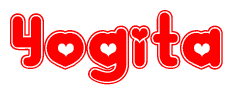The image is a red and white graphic with the word Yogita written in a decorative script. Each letter in  is contained within its own outlined bubble-like shape. Inside each letter, there is a white heart symbol.