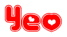 The image displays the word Yeo written in a stylized red font with hearts inside the letters.